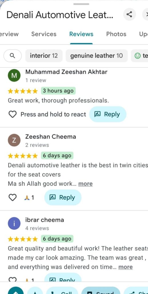 Image of denali automotive leather google business profile page, showing 5 star google reviews of denali automotive leather