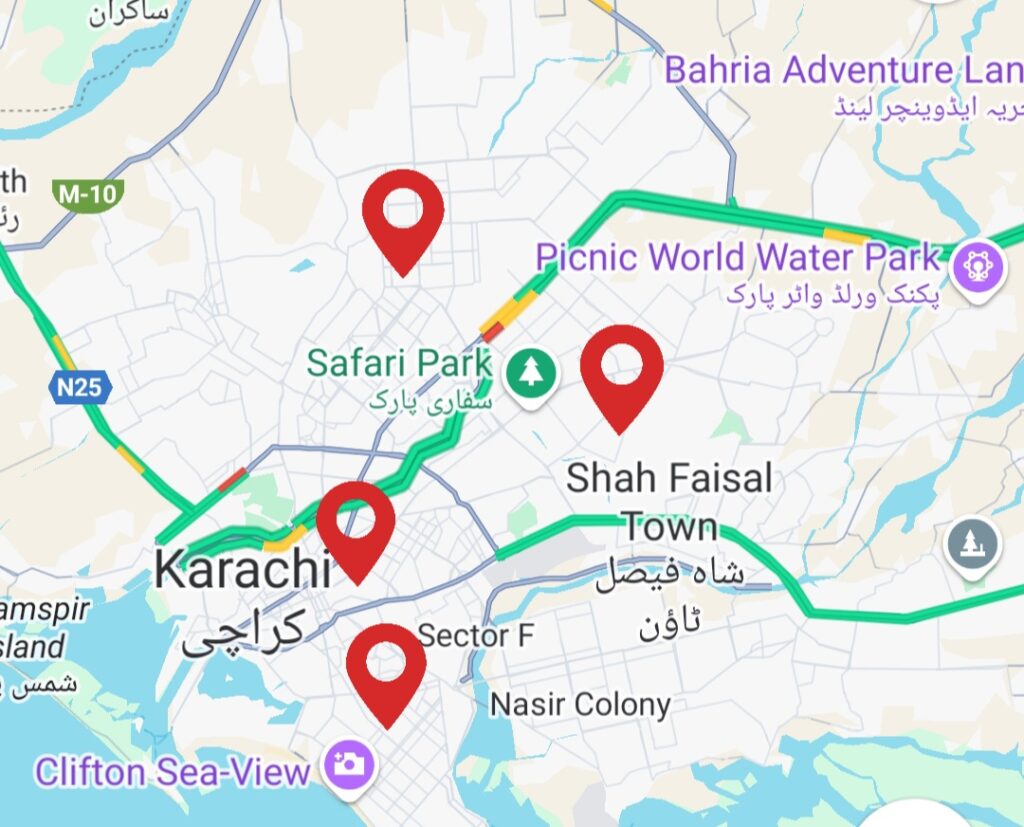 Karachi location map with marked locations, Denali car seat cover locations in Karachi