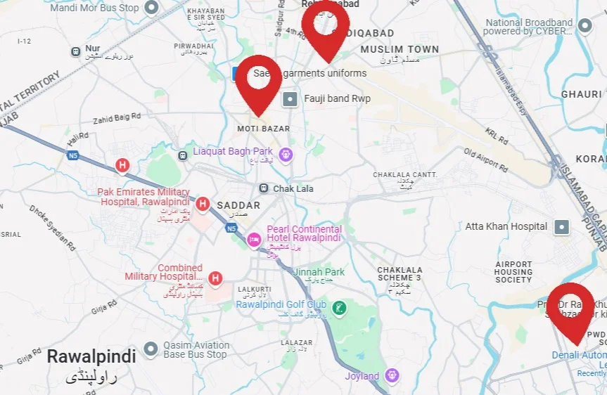 rawalpindi location map with marked locations, Denali car seat cover locations in rawalpindi